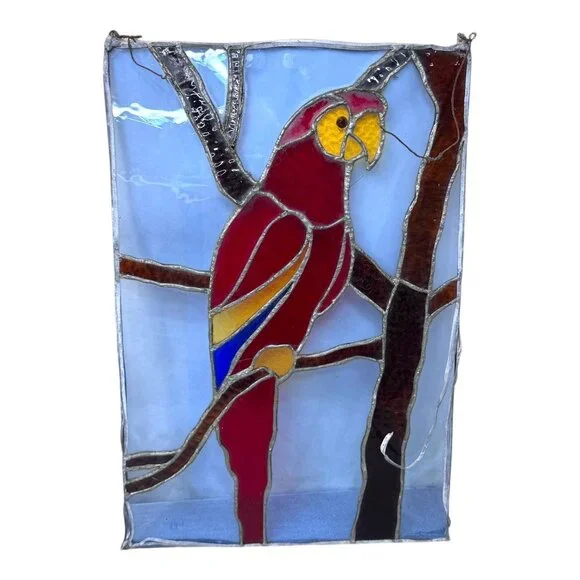 Handcrafted Signed Stained Glass Scarlet Macaw Parrot Wall Art Artisan Panel 18